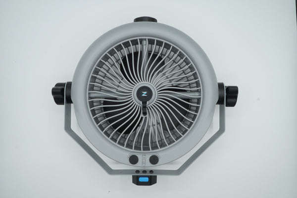 Front view of the gray Zefra MistOne fan, controls and quick-release bracket.