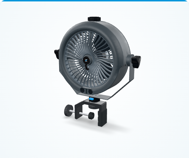 Current MistOne fan with its included hex quick-change C-Clamp mount